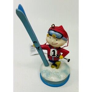 Skier Red and Blue Wooden Ski Instructor Christmas Skiing Ornament